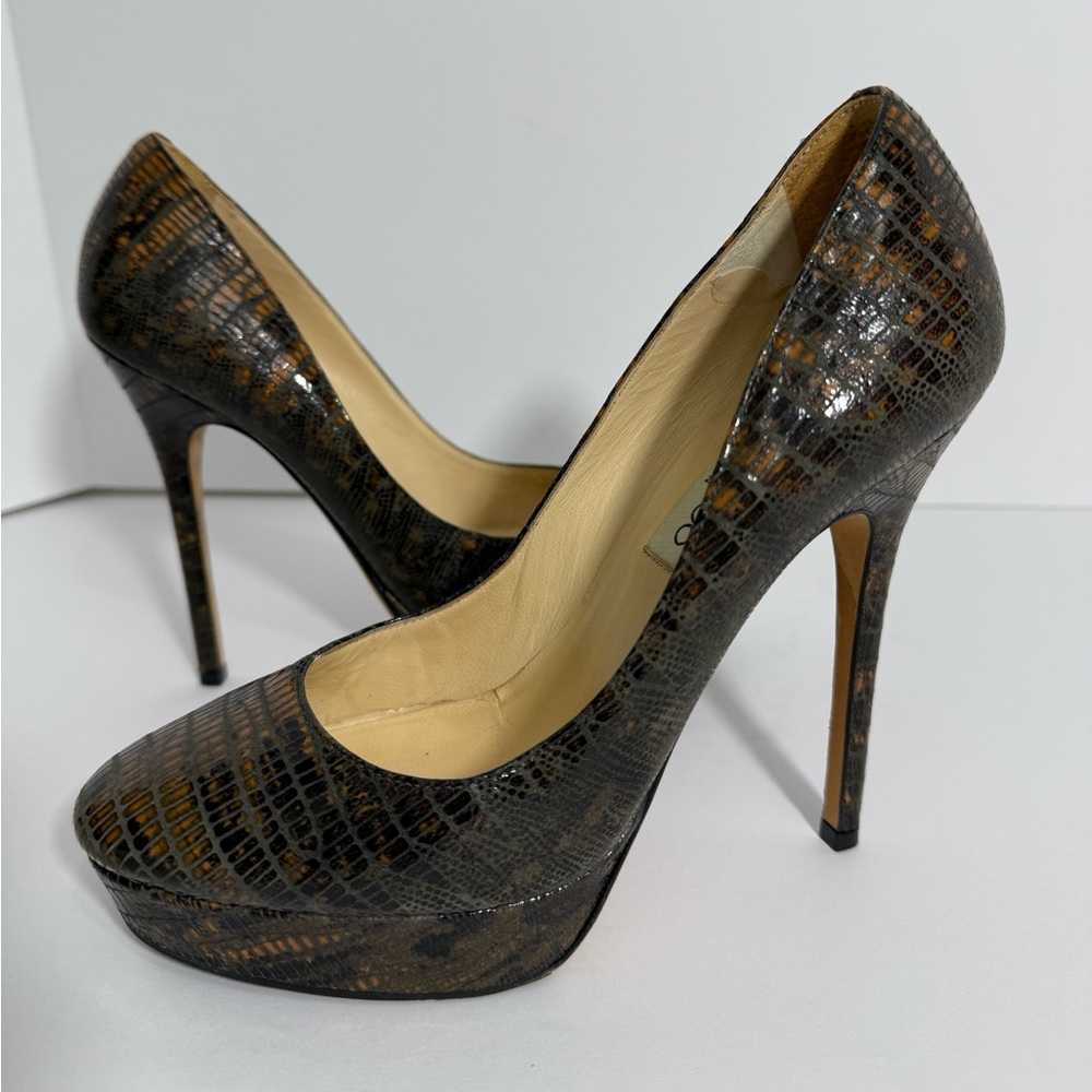 Jimmy Choo-Brown/Gold, Lizard Embossed, Anthracite, Platform, Pump/Heel. Sz-37.5 - Picture 2 of 11
